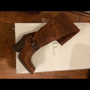 Dior Brown Cowboy Over Knee Thigh High Leather Distressed Cowboy Boots